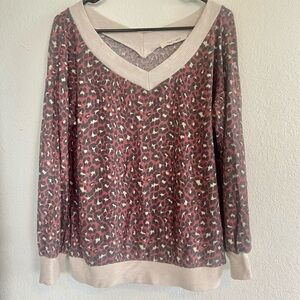 Cozy Waffle Knit V neck Leopard Long sleeve Top